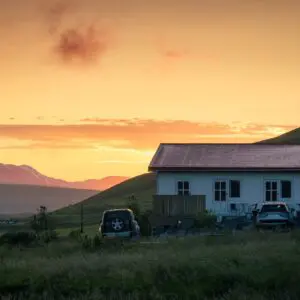 8-day self-drive tour in Iceland, Icelandic farm during sunset.