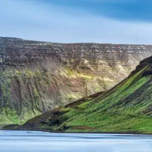 8-Day Self-Drive Tour with South Coast, Golden Circle, Landmannalaugar, Snaefellsnes & Westfjords, green mountains.