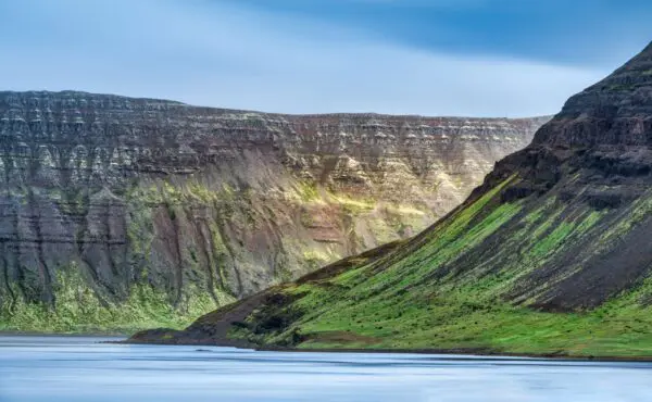 8-Day Self-Drive Tour with South Coast, Golden Circle, Landmannalaugar, Snaefellsnes & Westfjords, green mountains.
