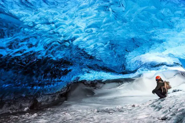 10-Day Winter Ring Road Tour Around Iceland, blue ice cave in Vatnajokull glacier.