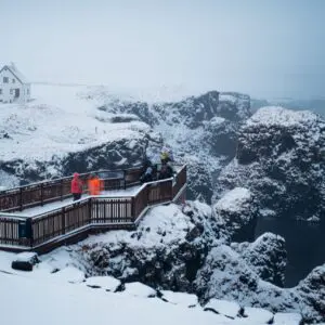 10-Day Winter Ring Road Tour Around Iceland, tourist platform close to the sea.