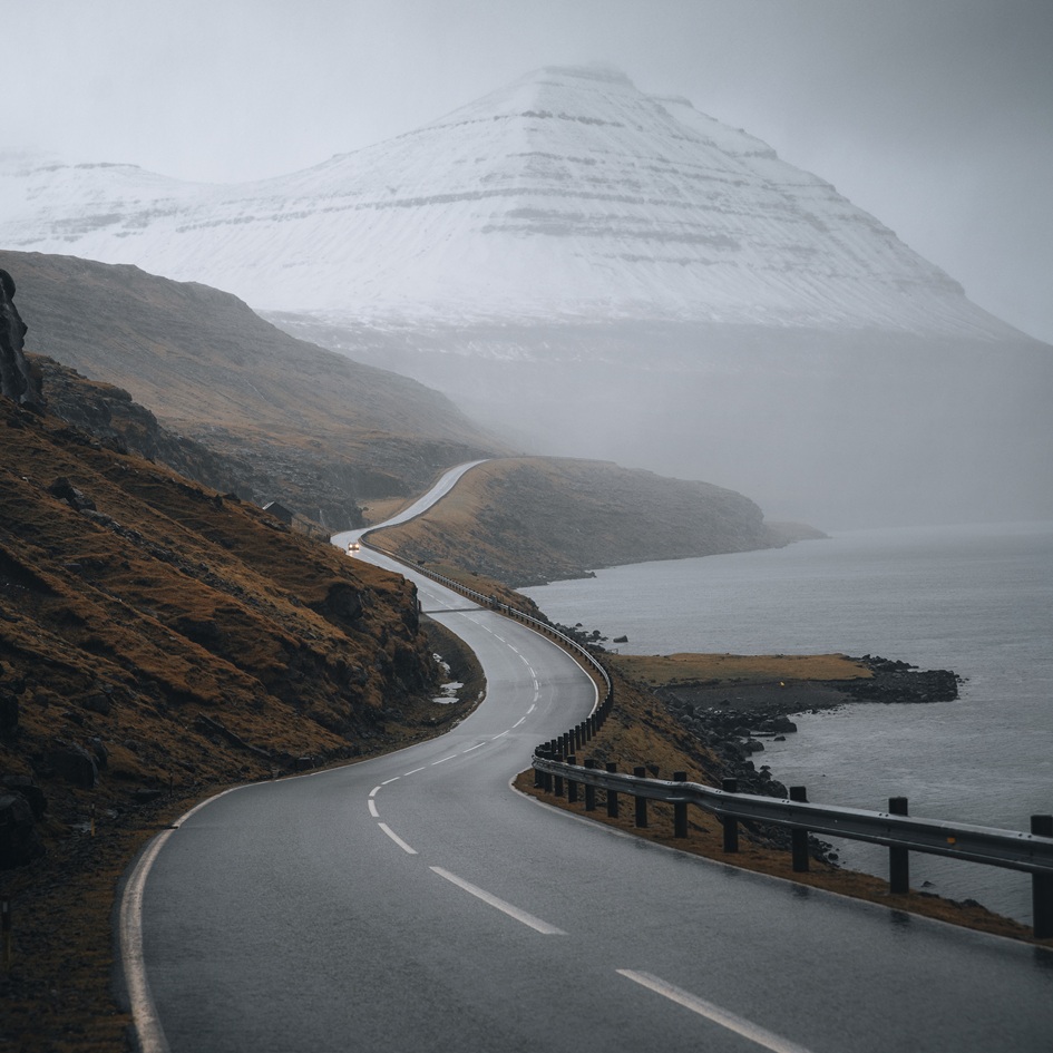 Self-drive tours in the Faroe Islands, winter road.