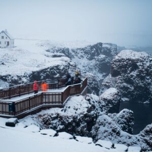 10-Day Winter Ring Road Tour Around Iceland, tourist platform close to the sea.